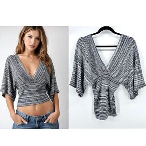 Wet Seal Y2K Sparkle Marled Knit V Neck Top Sz S Silver Kimono Sleeve Stretch
